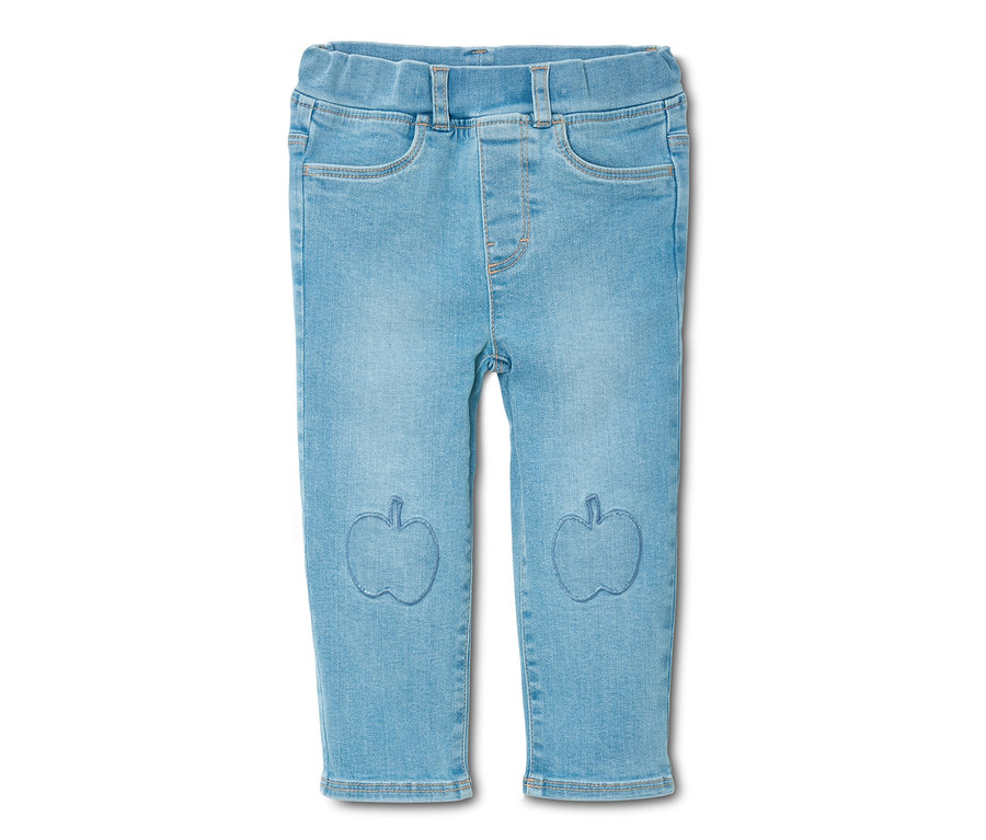 Helle Schlupf-Denim mit Apfel-Applikationen.