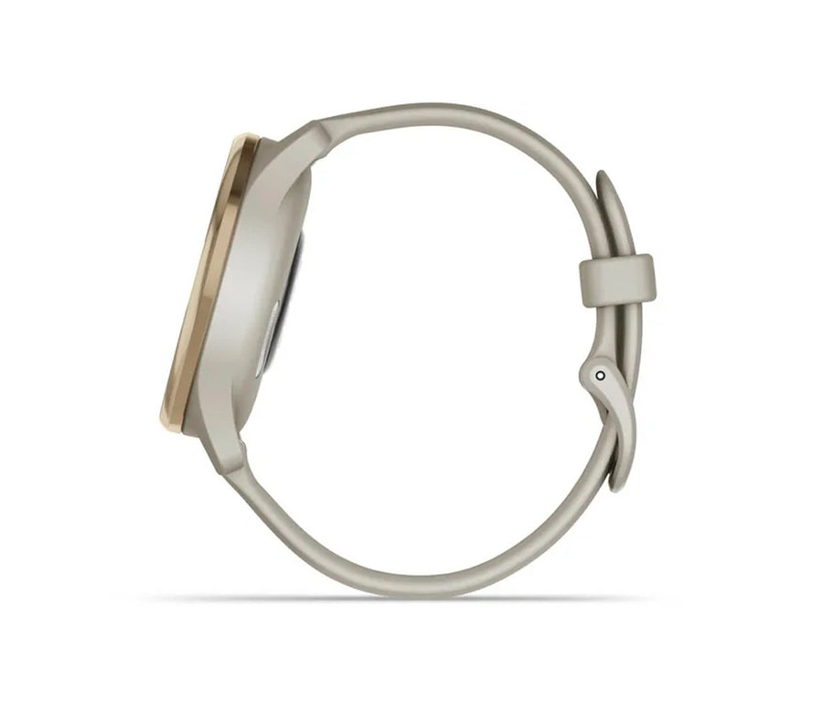Nahaufnahme einer cremefarbenen GARMIN vivomove Trend Smartwatch.