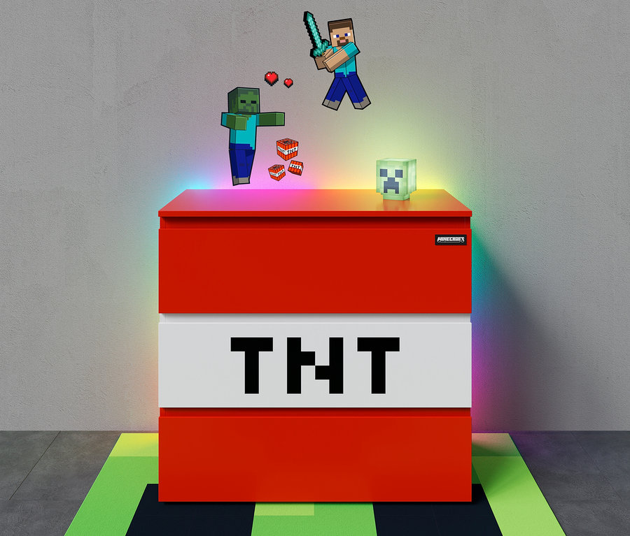 roba Minecraft Kommode mit MINECRAFT LED Dekoleuchte, Creeper und 6 MINECRAFT Wandtattoos.