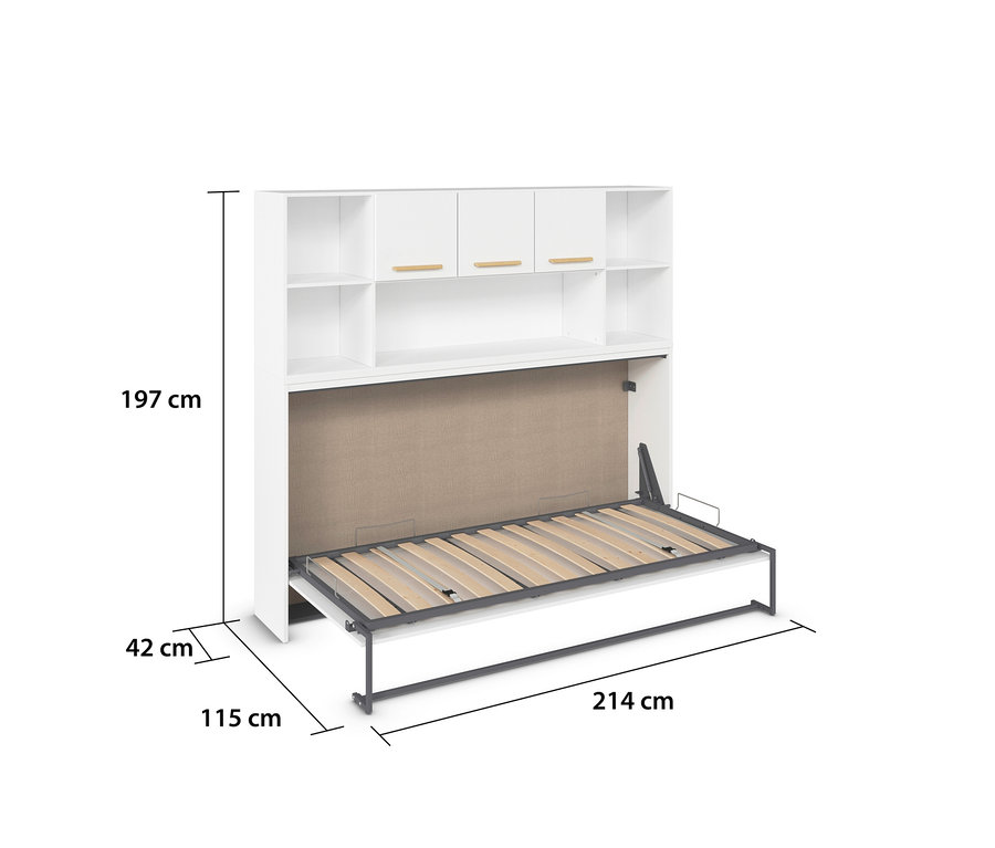 Weißes rauch Klappbett »Sucre« mit Regalelement und 90x200 cm Liegefläche, ausgeklappt. Die Schrankwand mit Lattenrostbett, Regalen und drei Hängeschränken ist 197 cm hoch, 42 cm tief (Schrank), 115 cm tief (ausgeklappt) und 214 cm lang.