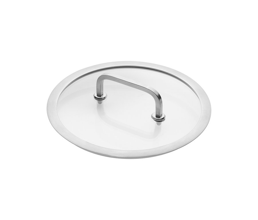 Runder Glasdeckel mit silbernem Metallrand und U-förmigem Metallgriff, ein Teil des Henckels by ZWILLING »Pulse« Kochgeschirrsets.