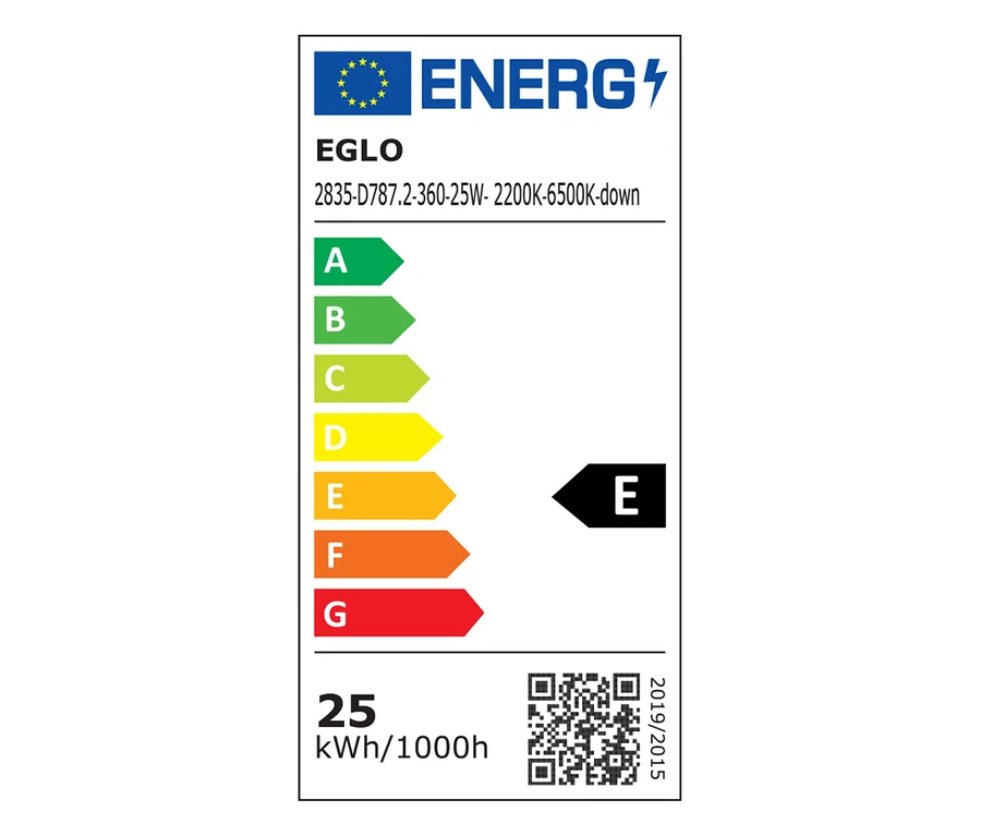 Energielabel für die Eglo Pendelleuchte »Trabuco«, das die Energieeffizienzklasse E und einen Verbrauch von 25 kWh/1000h anzeigt. Es zeigt die Skala A bis G, einen QR-Code und die Verordnung 2019/2015.