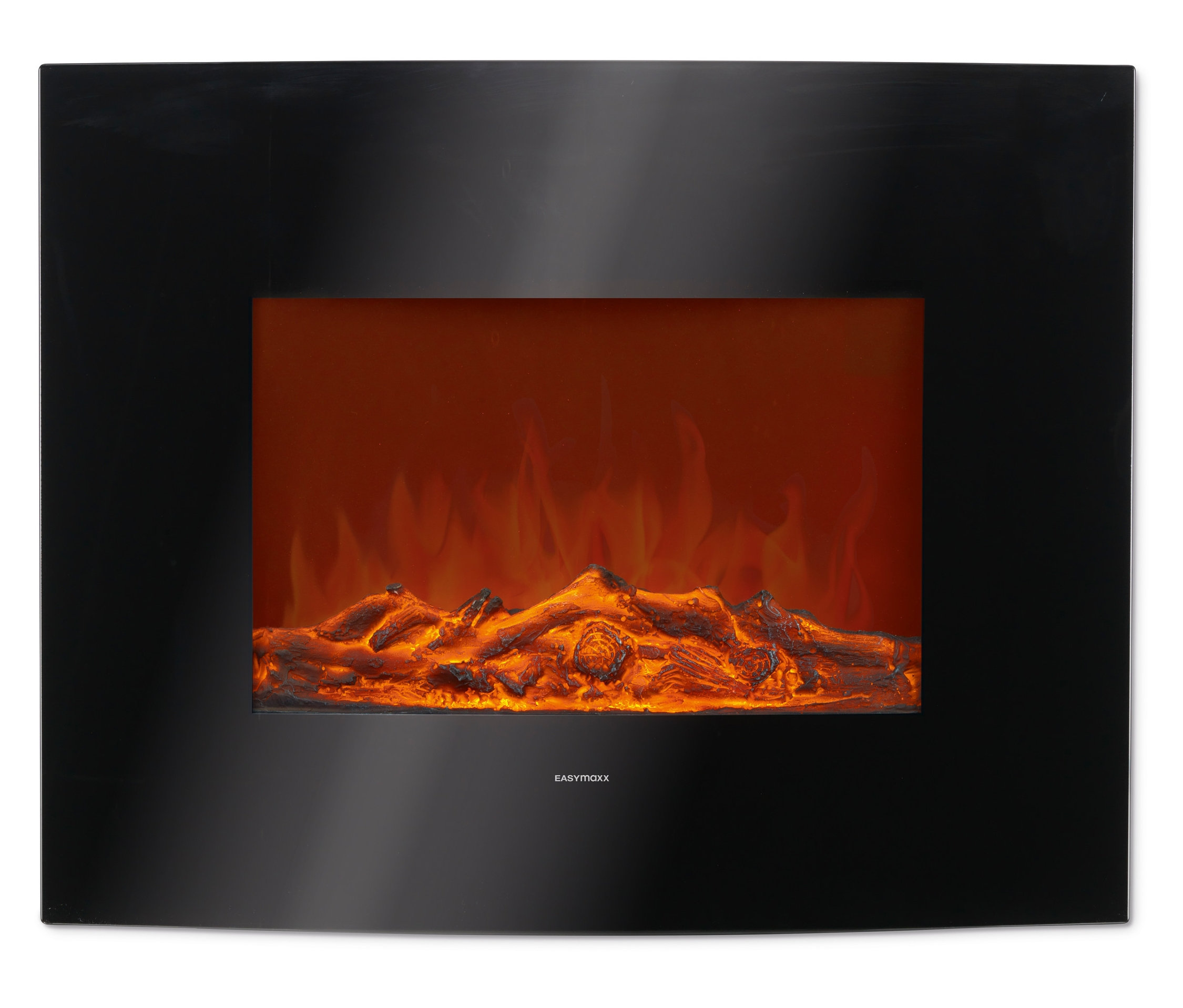 Schwarzer EASYmaxx-LED-Wandkamin mit Flammen und Holzscheiten.