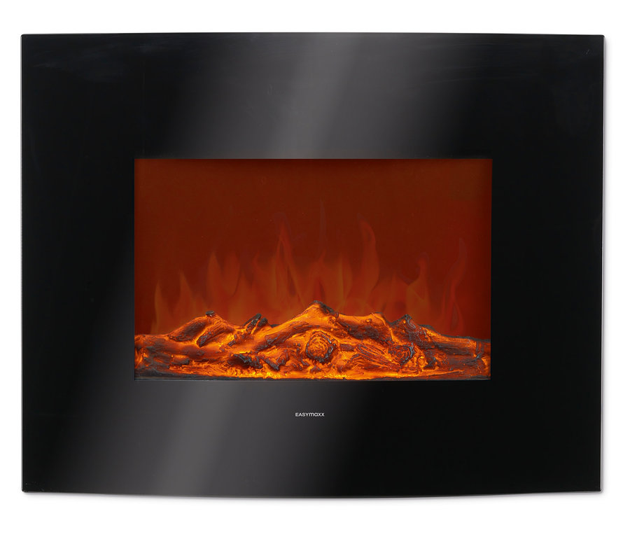 Schwarzer EASYmaxx-LED-Wandkamin mit Flammen und Holzscheiten.