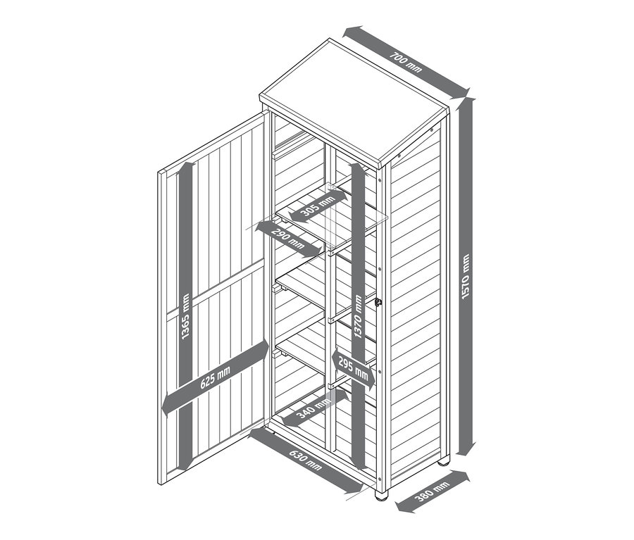 Eine Schemazeichnung eines Gartenschranks mit offener Tür und Maßangaben.