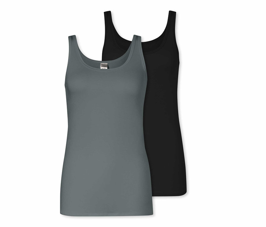 Zwei SCHIESSER Trägertops, eins in Grau und eins in Schwarz.