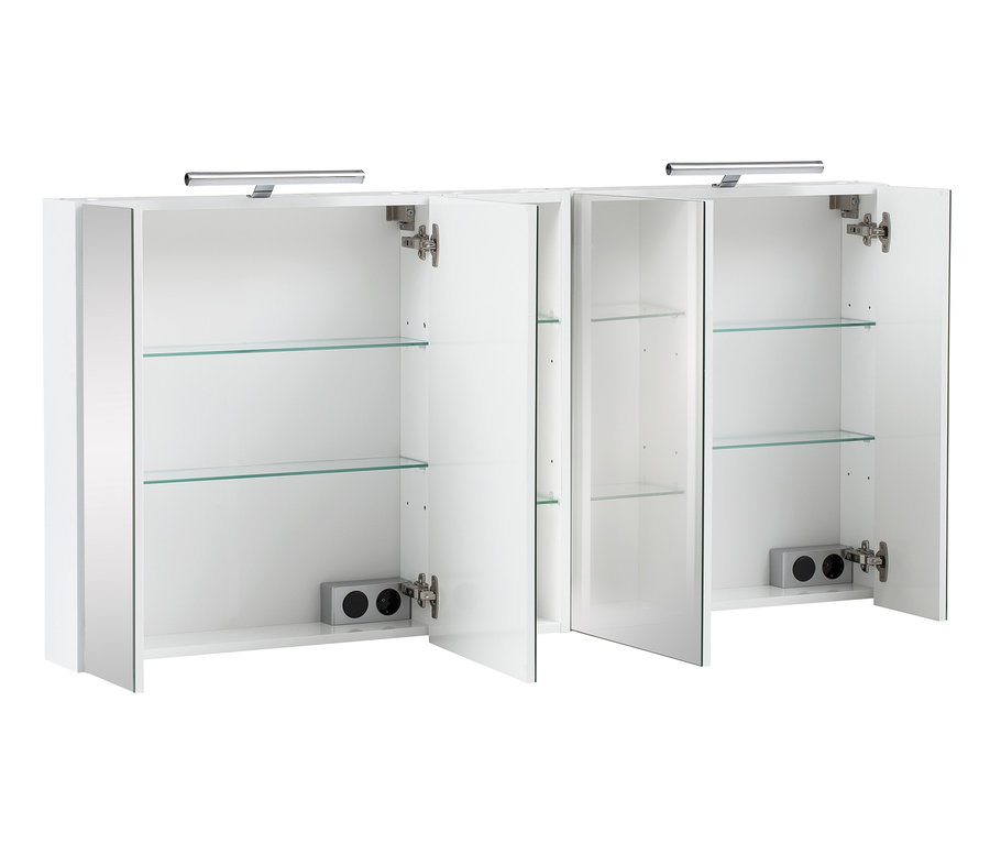 Geöffneter, weißglänzender Doppelspiegelschrank »Runa SET Spiegelschrank Irene« mit Glasböden.