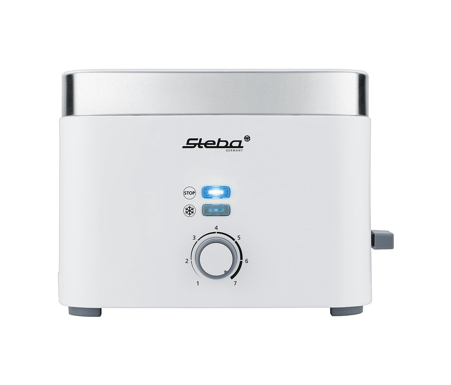 Detailansicht eines weißen Steba Toasters »TO 10 BIANCO« mit Bedienelementen und silberfarbenem Oberteil.