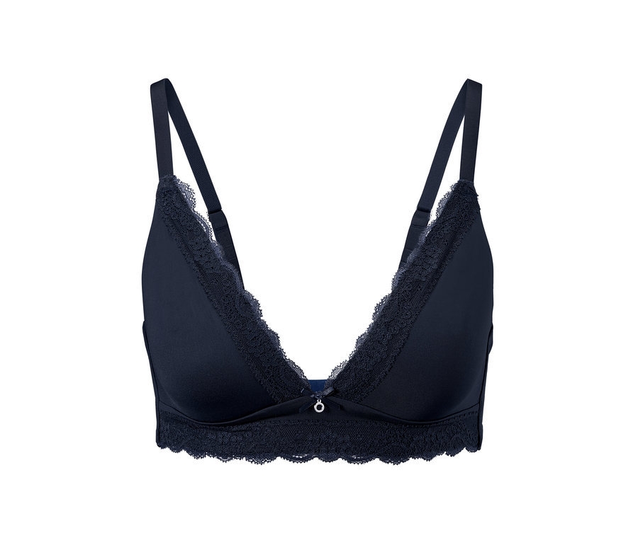 Detailaufnahme eines blauen Komfort-Soft-BHs mit Spitze.