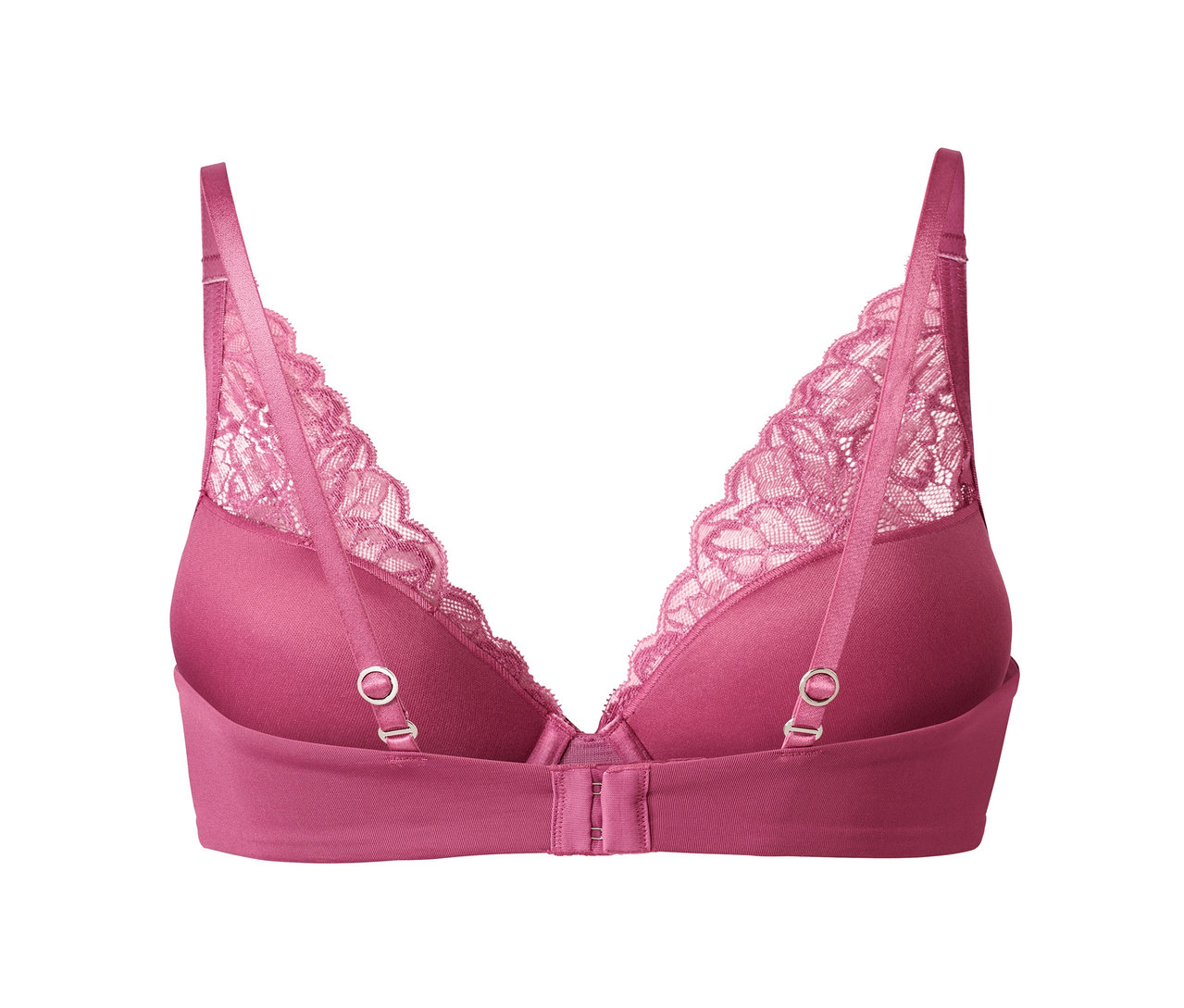 Detailaufnahme eines lila Schalen-BHs mit Spitze.