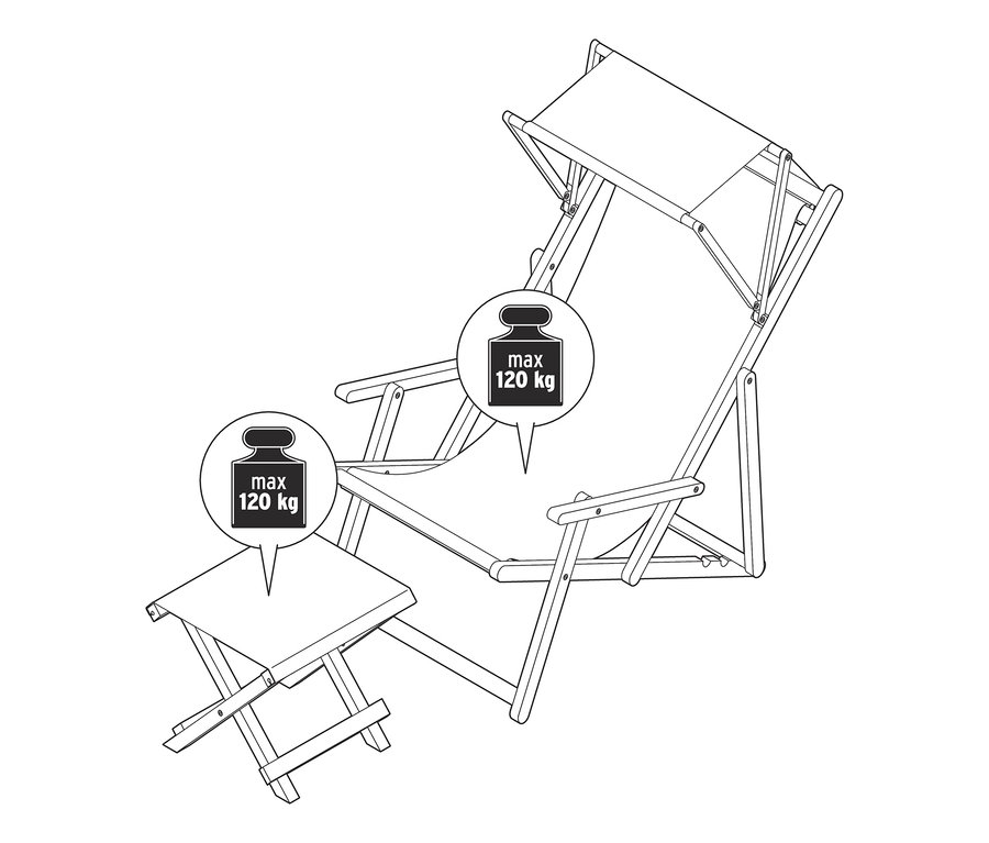 Illustration eines Liegestuhls mit Sonnendach und Hocker.