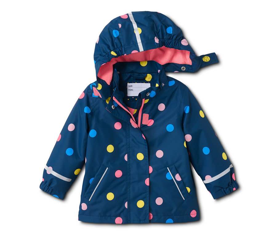 Eine blaue Thermo-Regenjacke mit bunten Punkten.