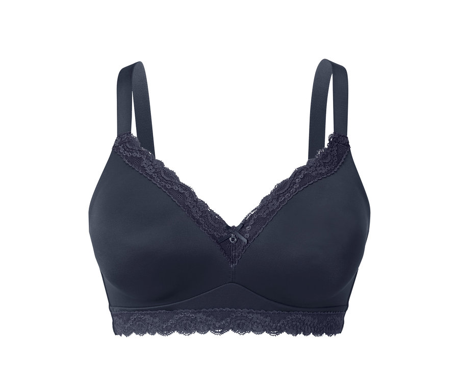 Detailaufnahme eines blauen Komfort-Soft-BHs mit Spitze.