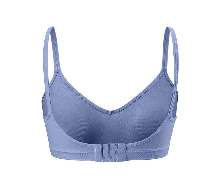 Detailansicht von Rückseite des blauen Seamless-Soft-BHs.