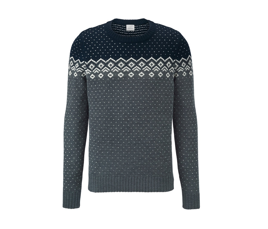 Marineblauer und grauer Rundhalspullover mit nordischem Muster.