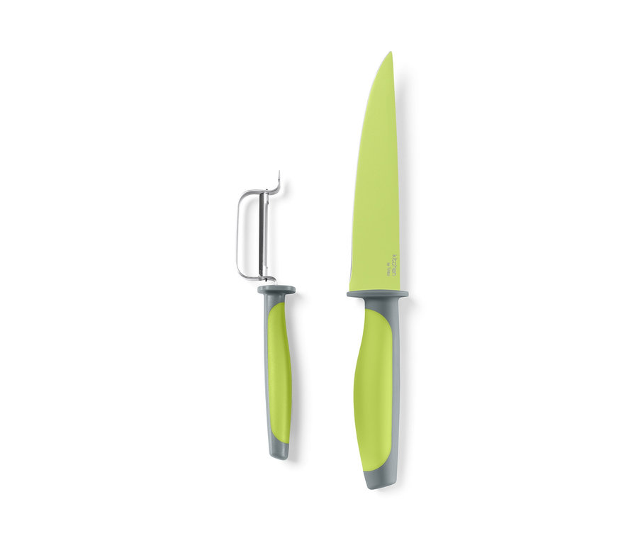 Ein Küchenhelfer-Set bestehend aus einem Messer und einem Schäler mit limettengrünen Klingen und grauen Griffen.