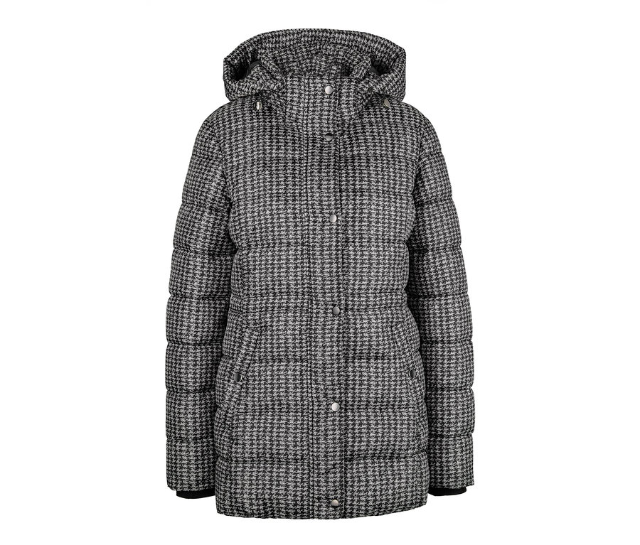 Outdoorjacke mit Kapuze im Hahnentrittmuster.