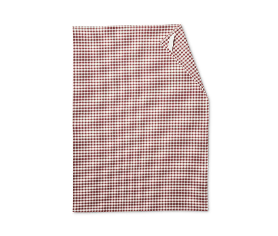 Ein rot-weiß kariertes Geschirrtuch, quadratisch.