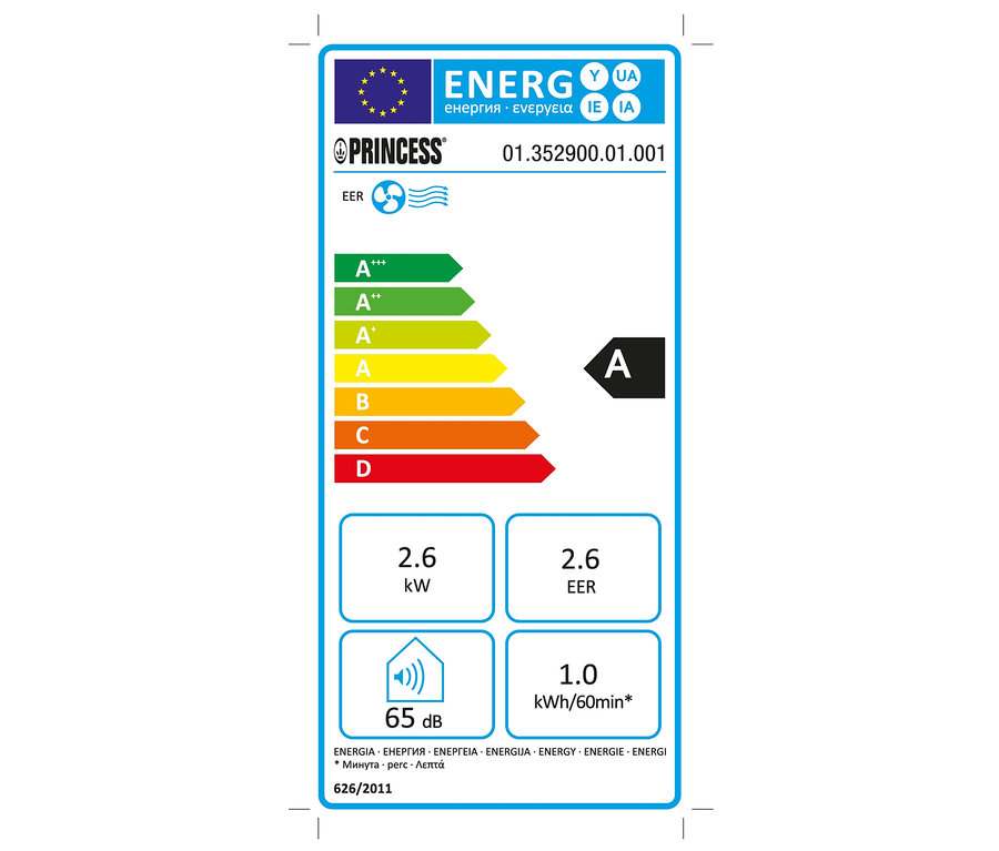 Energielabel des Princess smartes Klimagerät »9000«, A (von A+++ bis D) mit Werten.