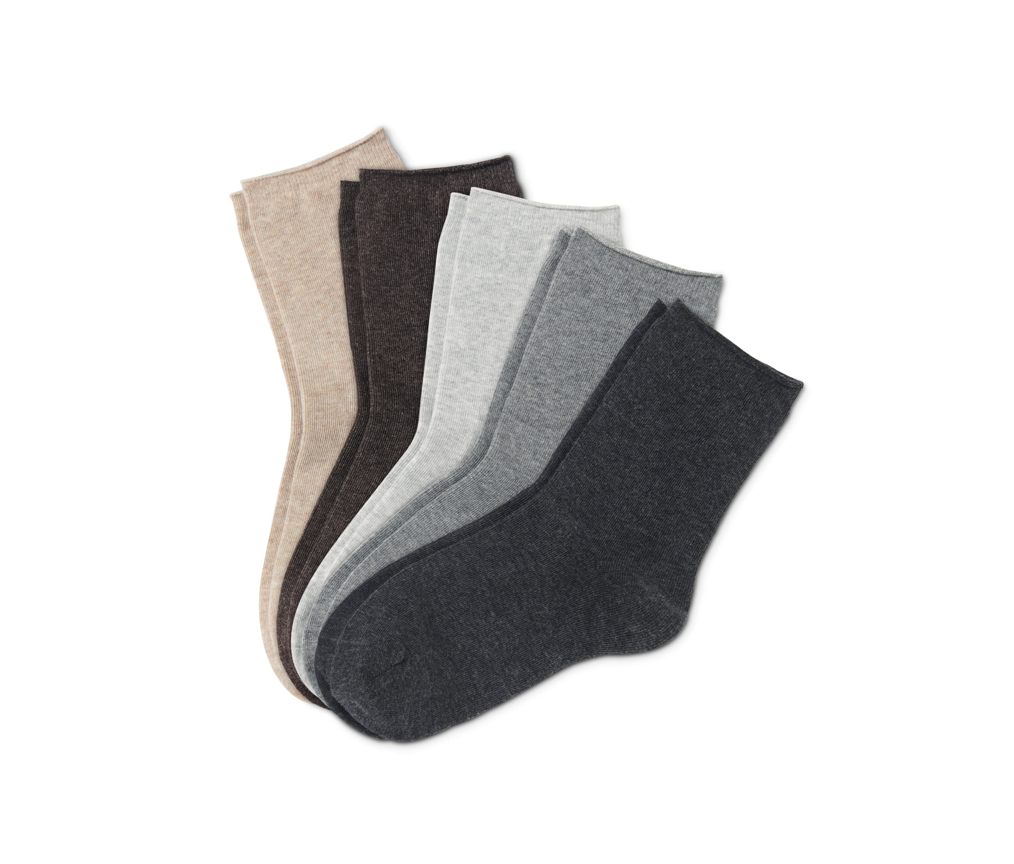 Fünf Paar Socken in Beige-, Braun- und Grautönen.