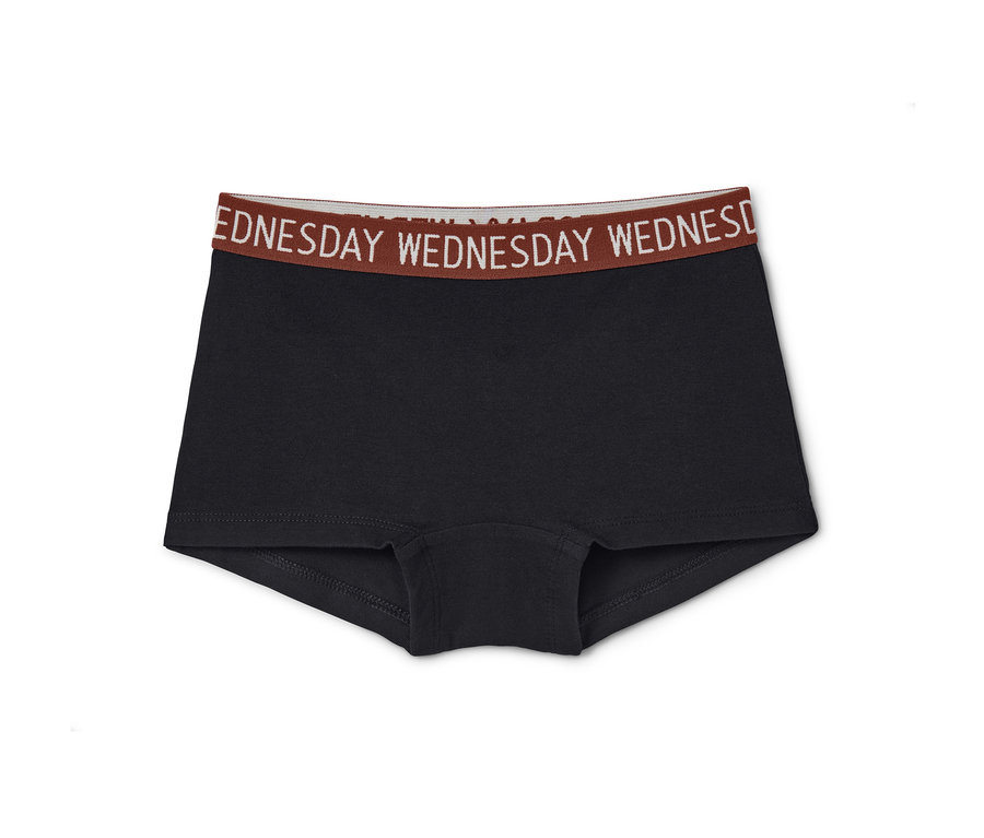 Schwarze Mädchen-Pantys mit braunem Bund, der den Schriftzug MITTWOCH trägt.