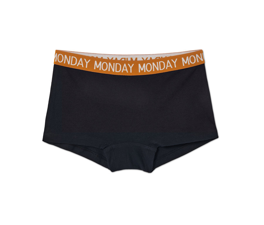 Schwarze 7 Mädchen-Pantys mit orangefarbenem Bund mit der Aufschrift Monday.