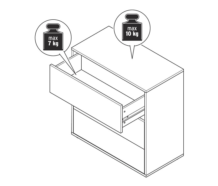 Zeichnung eines Flemming Regalmoduls, ca. 75 x 75 cm, mit 3 Schubladen in Eiche Dekor, wobei eine Schublade geöffnet ist.