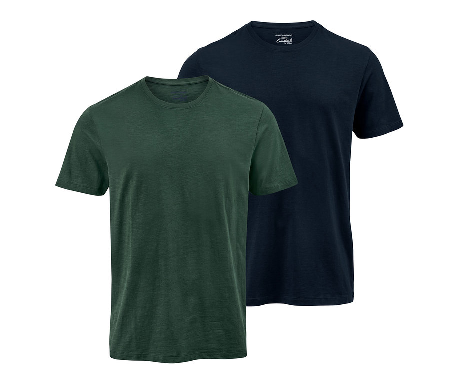 Zwei T-Shirts mit Rundhalsausschnitt: ein grünes und ein dunkelblaues.