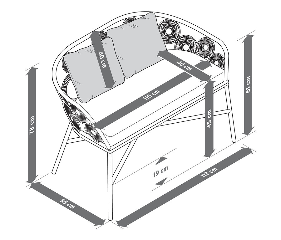 Abmessungen der Bank mit Blumenmuster.