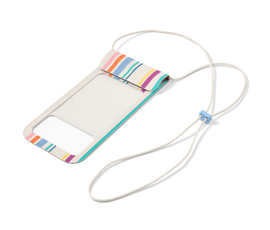 Eine wasserdichte Smartphone-Hülle mit bunten Streifen und einer weißen Kordel.