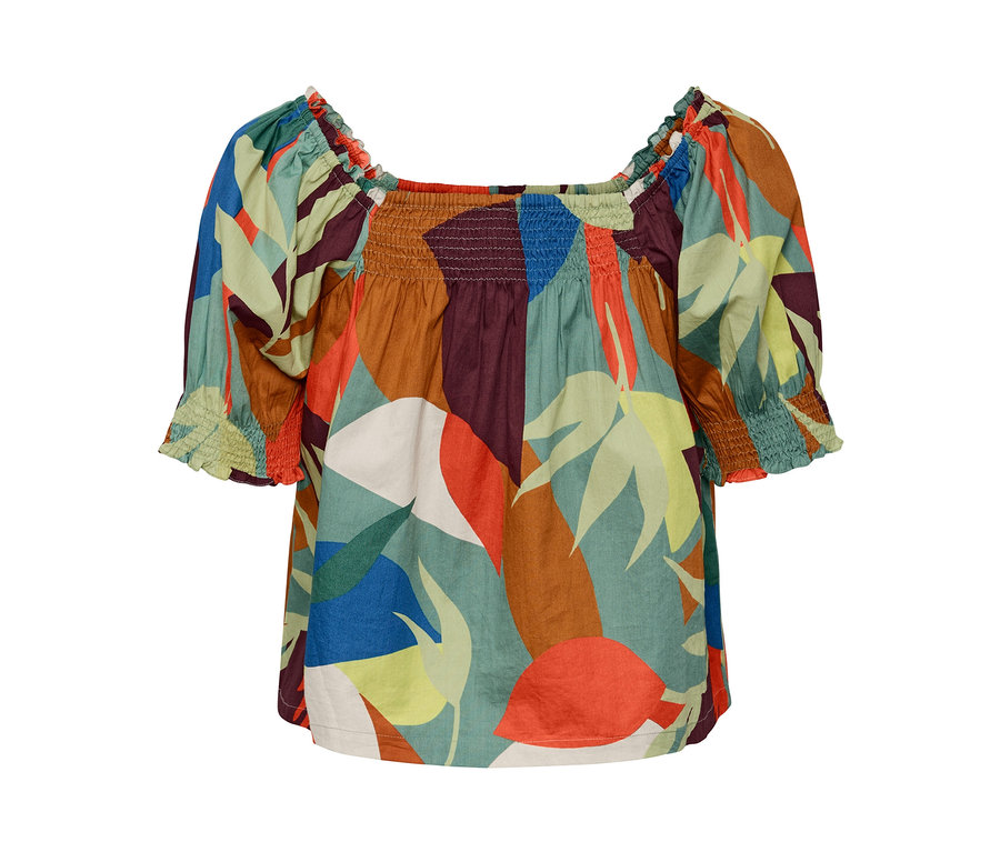 Bluse mit Puffärmeln und buntem Blätterdruck.