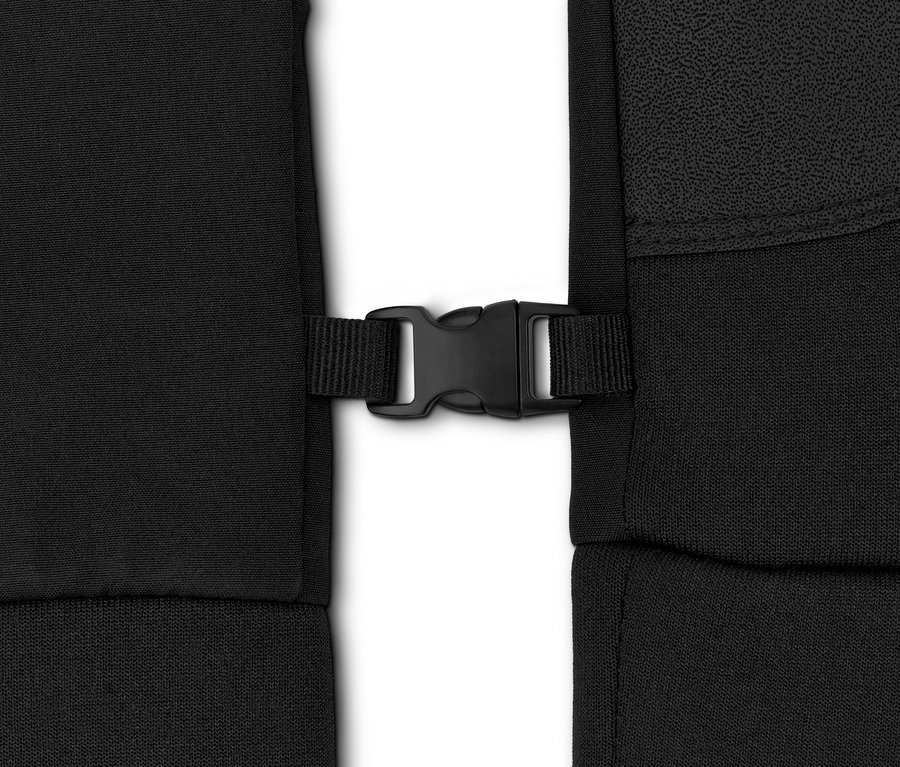 Detailaufnahme eines schwarzen Softshellhandschuhs mit Schnalle.