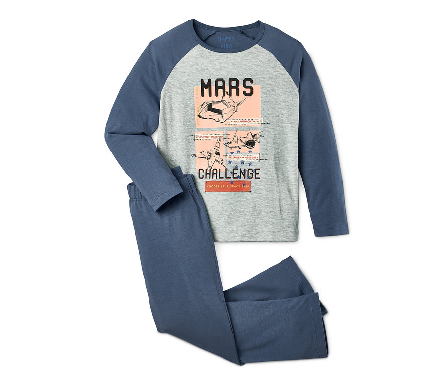 Grauer, langärmliger Pyjama mit blauen Ärmeln und blauer Pyjamahose.