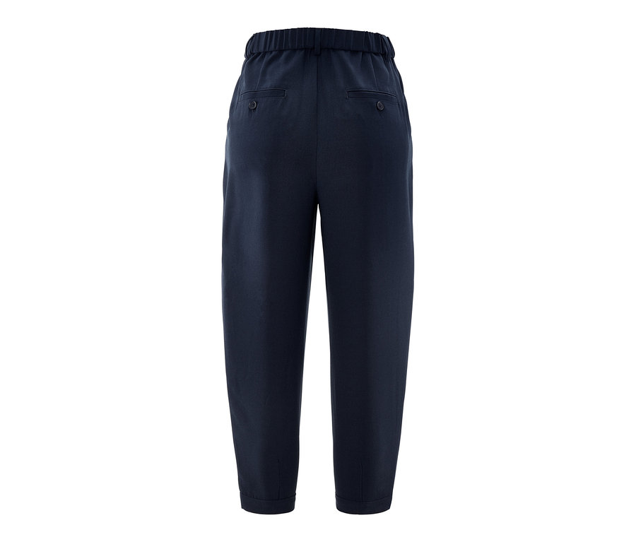Dunkelblaue Hose mit Bundfalte von hinten.