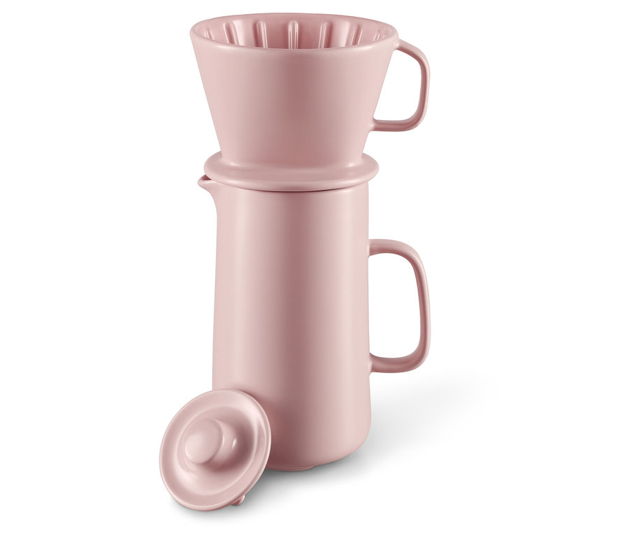Rosa Kaffeekanne mit Filter.