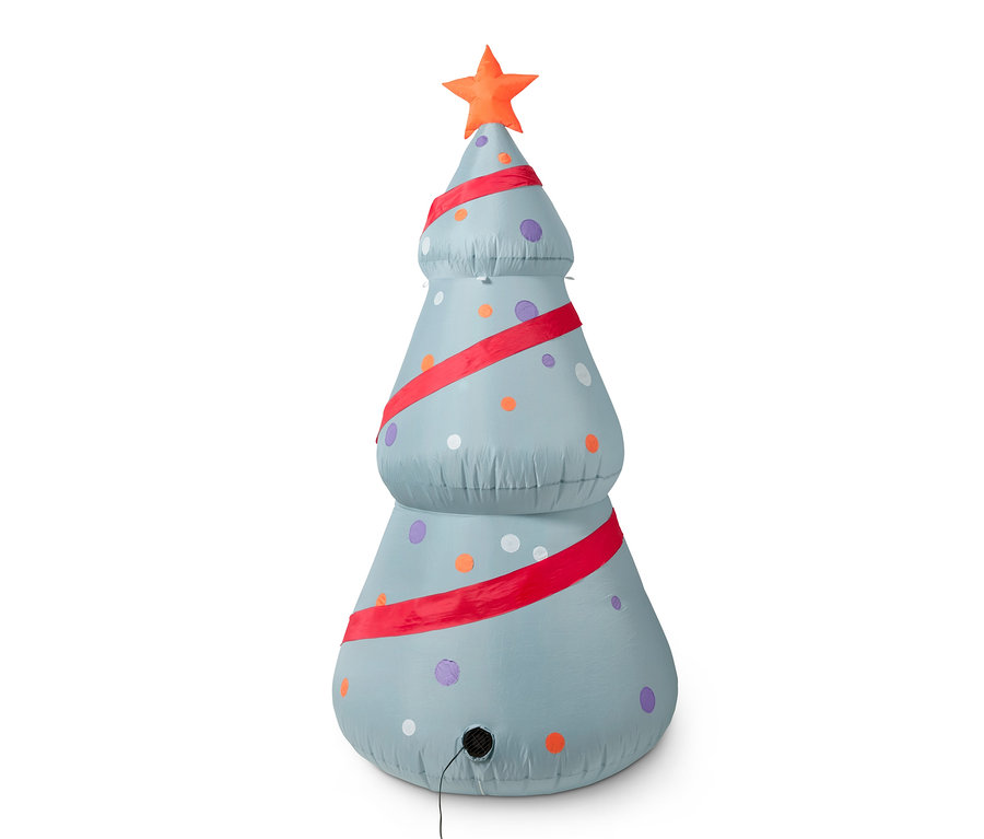 Aufblasbarer XXL-LED-Tannenbaum, geschmückt mit einem roten Band und bunten Punkten.