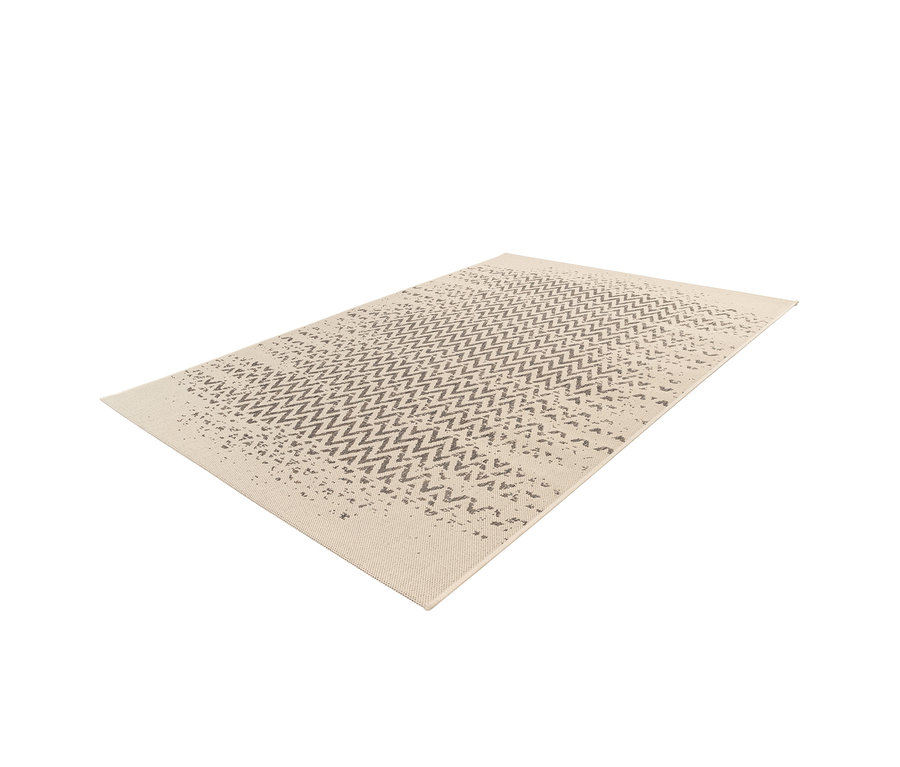 Ein cremefarbener Kayoom Outdoor-Teppich »Splash 600« mit grauem Zickzackmuster.