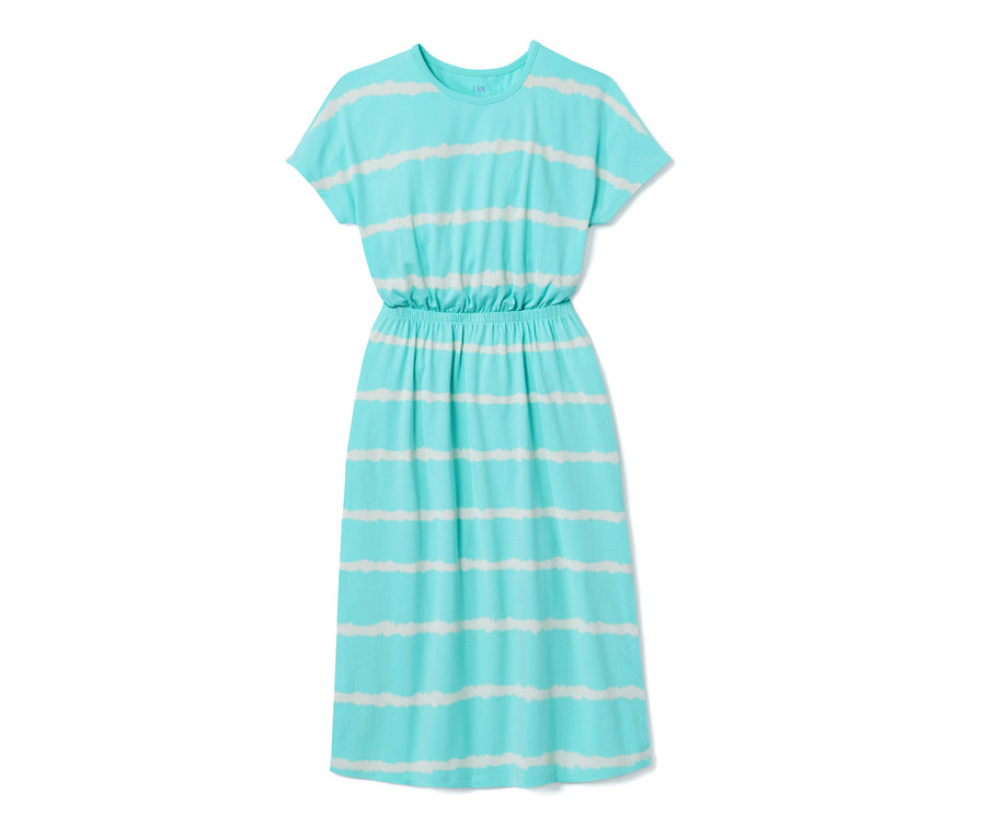 Ein blaues Jerseykleid mit weißen Streifen.