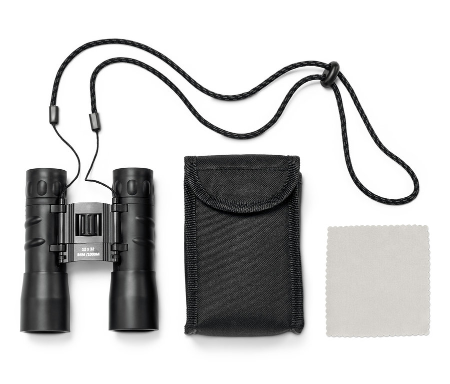 Schwarzes Taschenfernglas »12x32« mit Tasche und Objektivtuch.