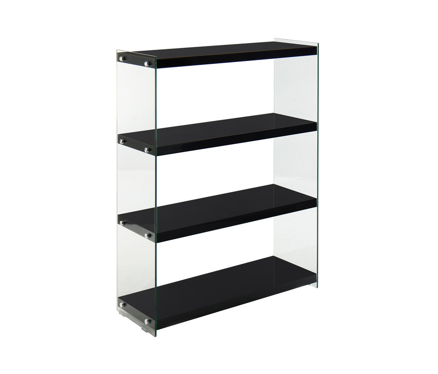 Schwarzes Regal mit vier Ablagen und Glasscheiben.