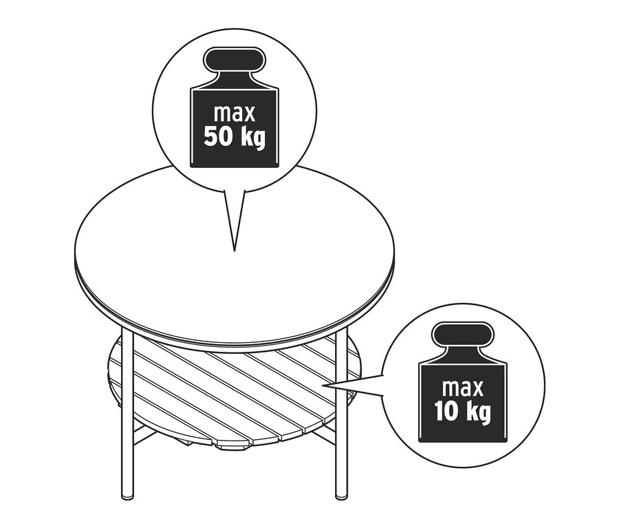 Abbildung eines runden Couchtisches »Elin« mit einer maximalen Belastbarkeit von 50 kg auf der Oberseite und 10 kg auf der Unterseite.