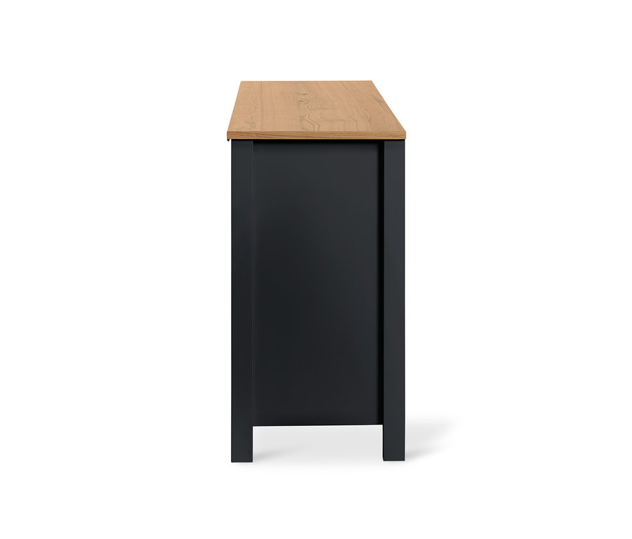 Seitenansicht einer schwarzen Kommode mit Holzplatte.