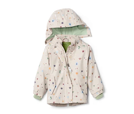 Beige Thermo-Regenjacke »Friesennerz« mit Kapuze und Figuren-Print.