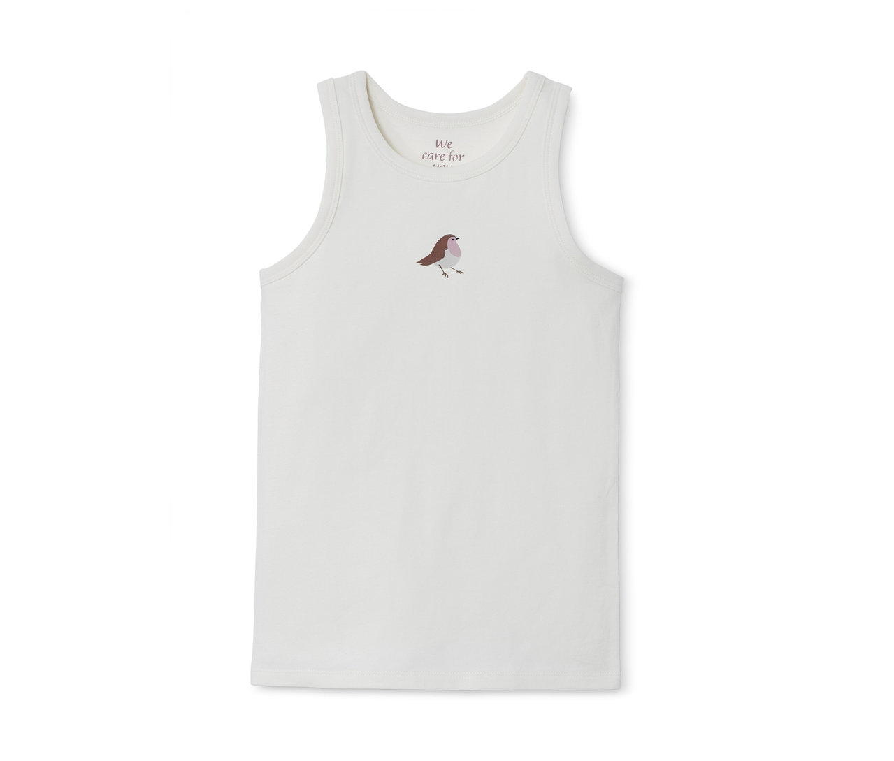 Weisses Mädchen-Unterhemd mit Vogel-Motiv.