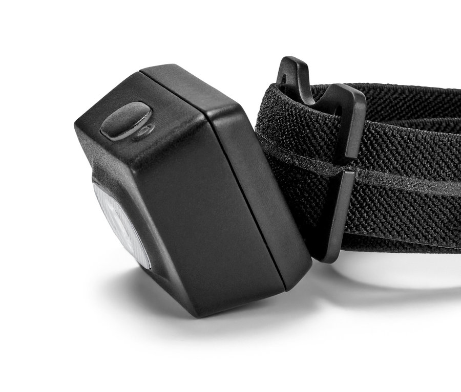 Detail einer kompakten Stirnlampe.