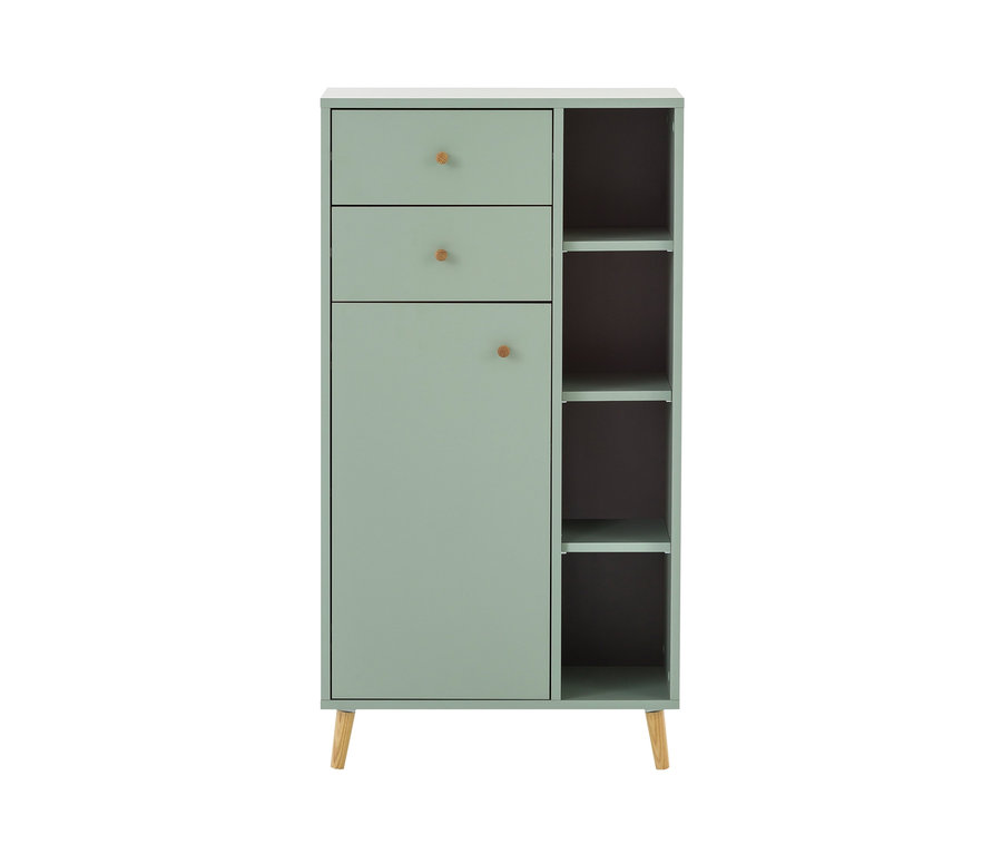 Pistaziengrünes Highboard »Bjarne« mit drei Schubladen, einer Tür und offenen Regalen.