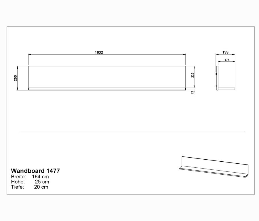 Technische Zeichnung eines Wandboards "CALIFORNIA" in Graphit mit Maßangaben.
