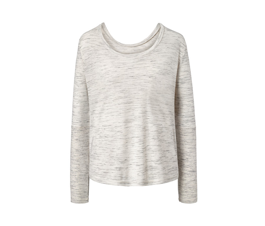 Detailansicht des 2-in-1-Sportshirts, beige meliert und dunkelrot, mit langen Ärmeln.