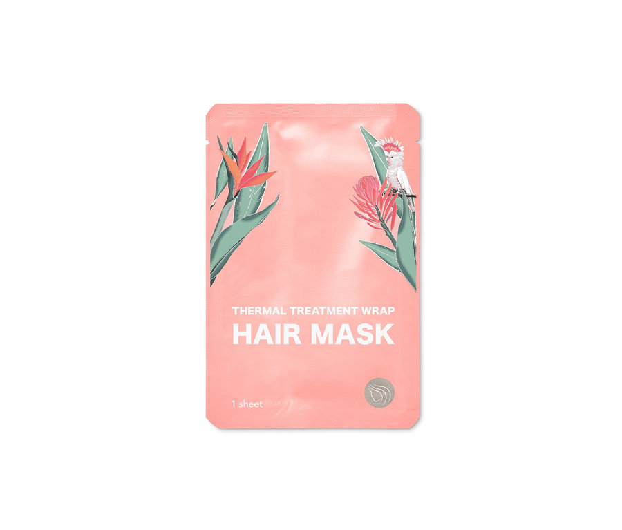 Rosa Verpackung für wärmende Haar-Tuchmasken, 2er-Set, mit Abbildungen von Blumen und einem Papagei.