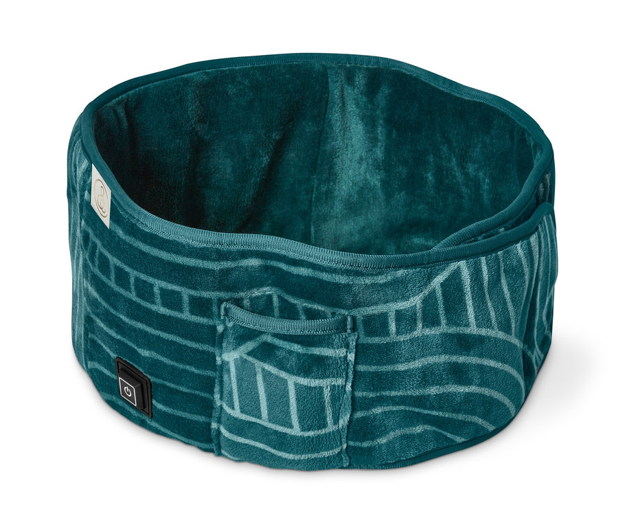 Grüner Akku-Heizgürtel auf weißem Hintergrund.